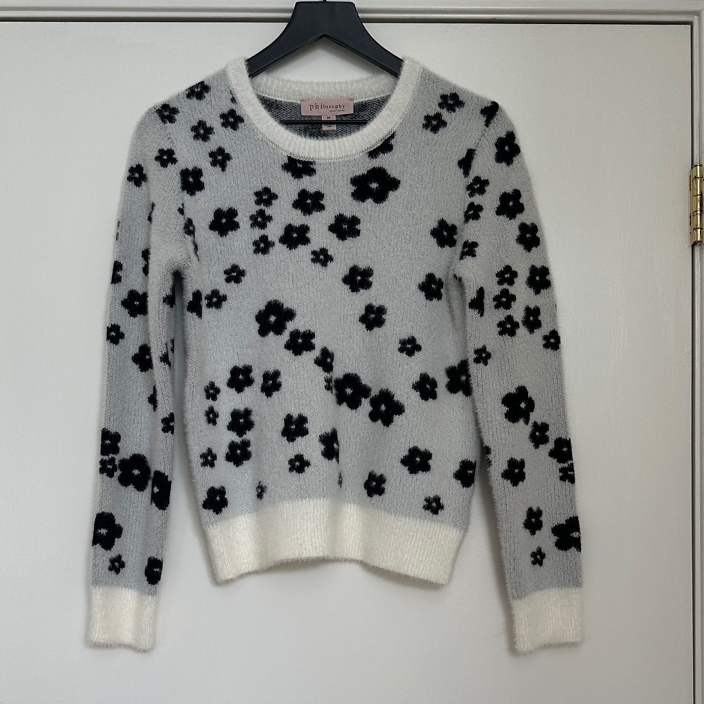Philosophy Light Gray Crewneck Sweater with Black Floral Print